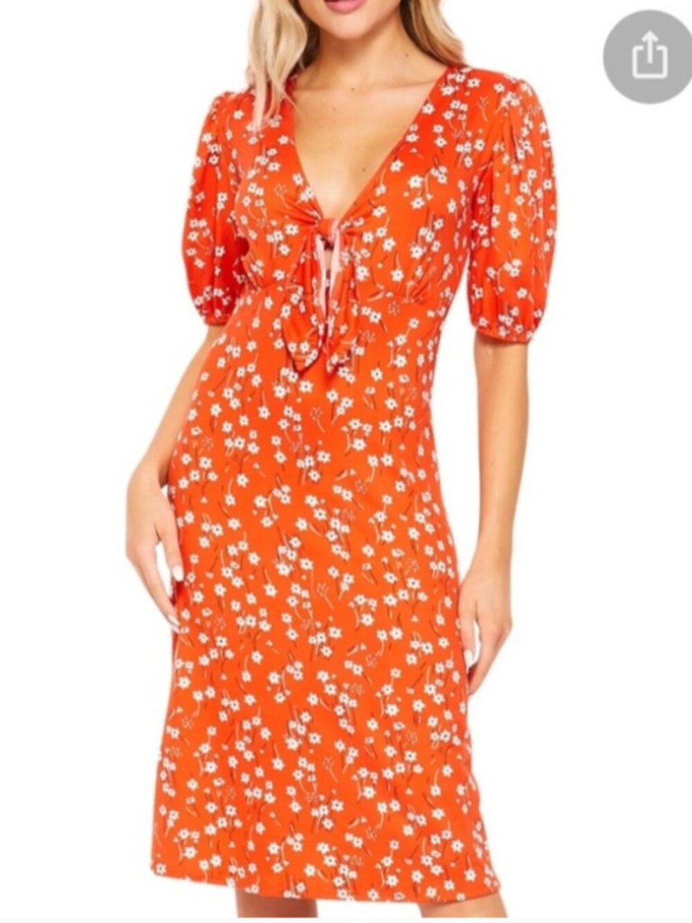 Velvet Torch Womens Floral Puff Sleeve Keyhole Midi Dress L Orange Slinky Party
